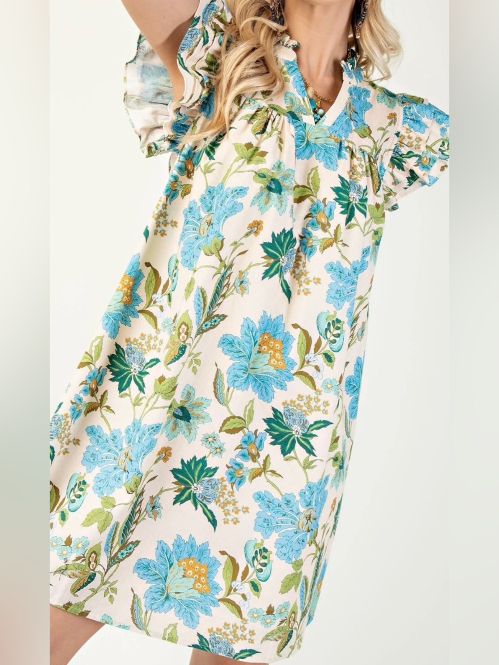 Gigio NWT Floral Cotton Blend Babydoll Dress in Cream and Blue - Picture 2 of 3